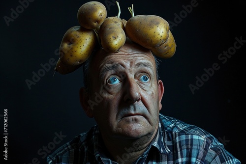 Man with growing potatoes in his ears. photo