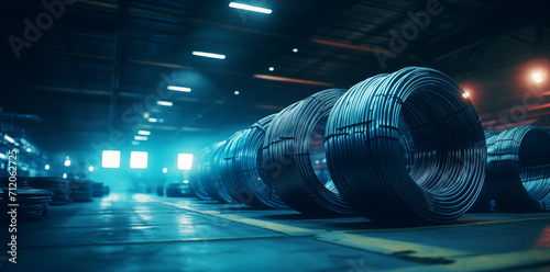 steel coil in factory warehouse. Industrial background.