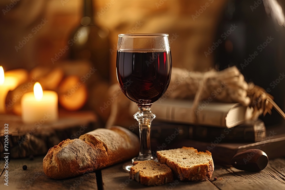 Bread with glass of wine. Christian communion concept for reminder of Jesus sacrifice.