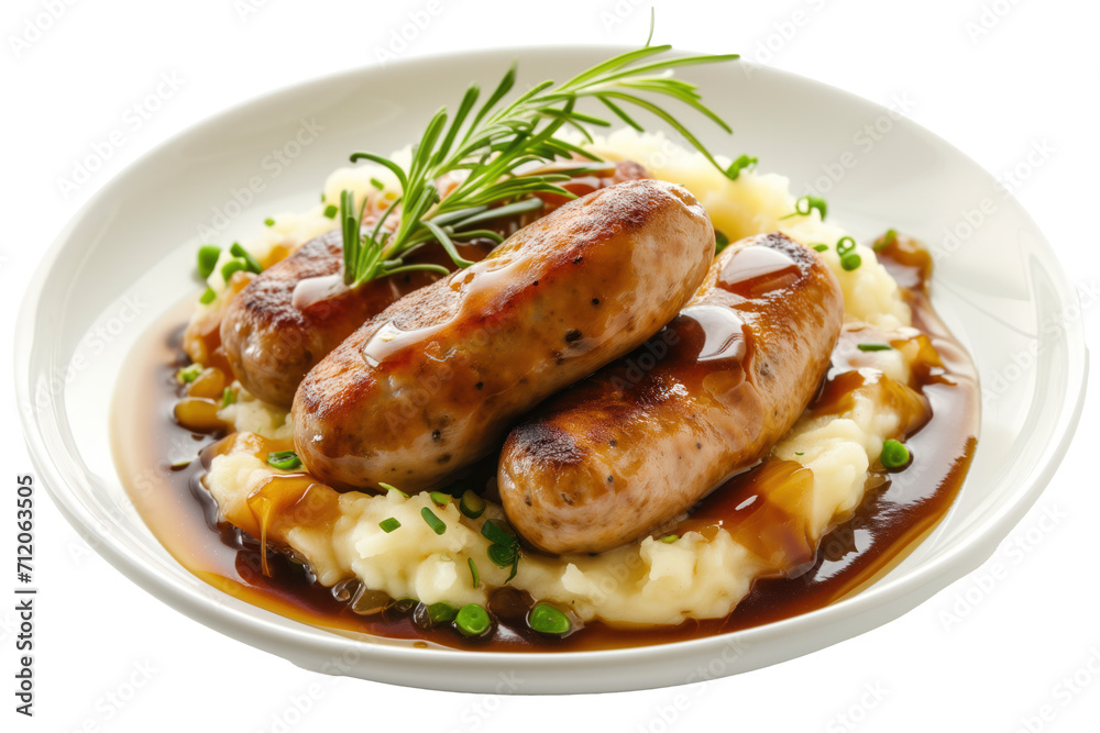 gourmet sausage and mash, bangers and mash on white plate
