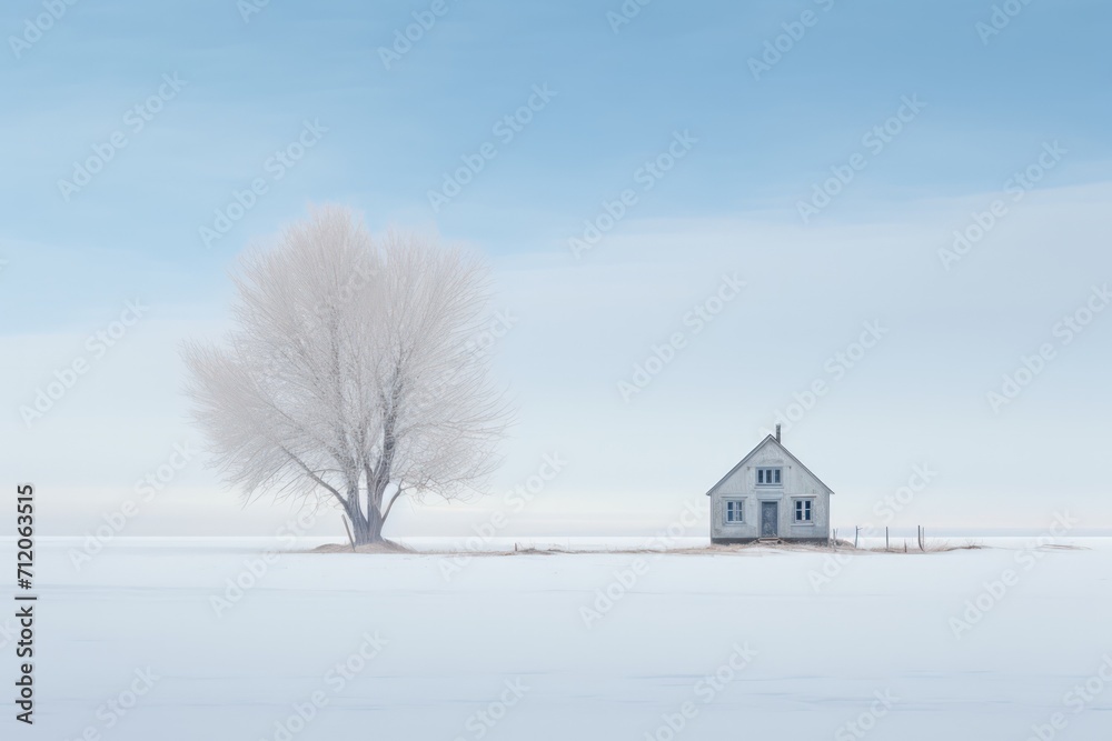 Minimal winter landscape captured in photography with a house Minimal winter landscape captured in photography with a house
