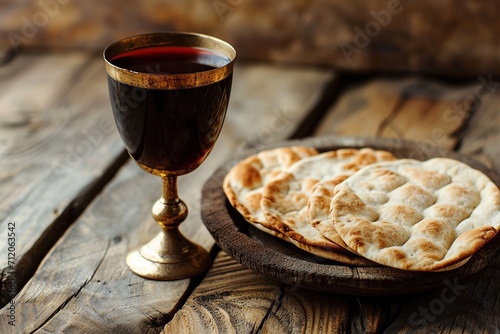 Unleavened bread with silver chalice of wine. Christian communion concept for reminder of Jesus sacrifice. photo