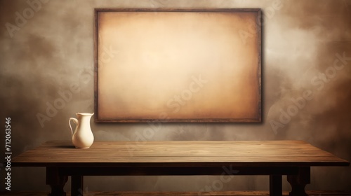 Picture of a table with an empty vintage old picture frame in the middle © crazyass