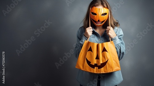 Young style girl in jeans clothes with shopping bags and Halloween pumpkin on grey background. 