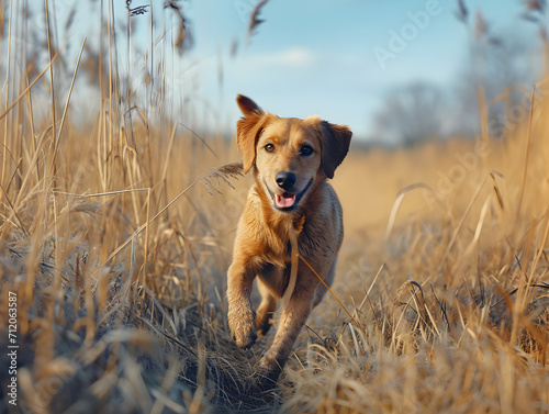 Active Dog Running Through Tall Grass in a Field