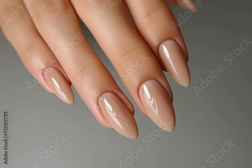 Woman hand with nude shades nail polish on her fingernails.