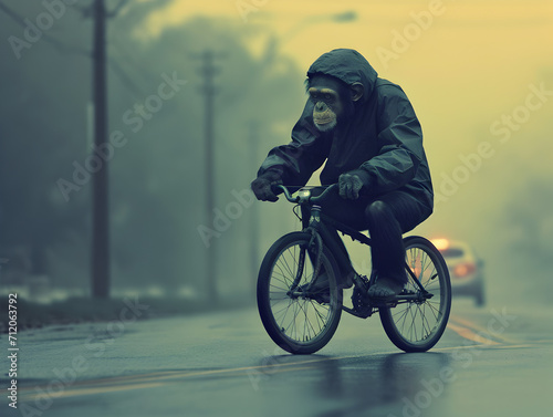 Monkey Riding a Bike on a  Road