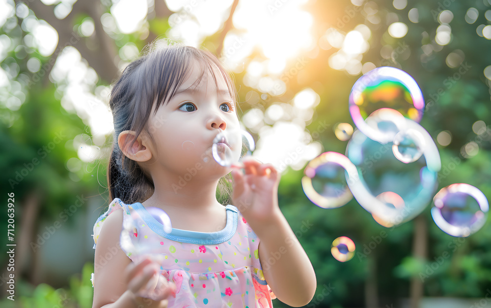 Little Girl Blowing Soap Bubbles Outdoors in the Park