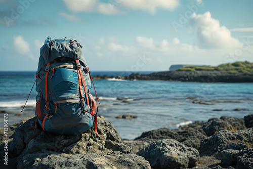 Traveler backpack on rock and beach in background