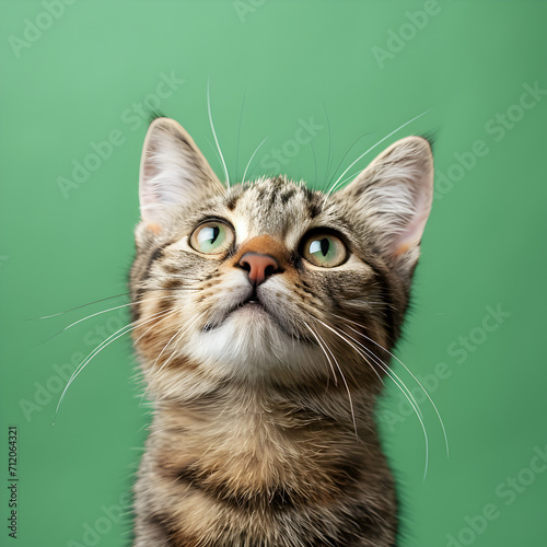 Curious Striped Tabby Cat Looking Up on Green Background