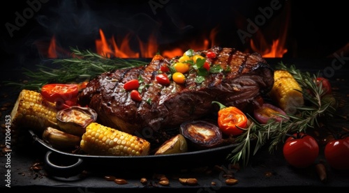 Beef steak on the grill with smoke and flames