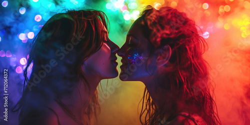 Two young women lesbian couple kiss with happiness on bokeh background. LGBTQ rainbow pride month. Two young women hugging. Young men romantic family in love. Happiness love dating concept