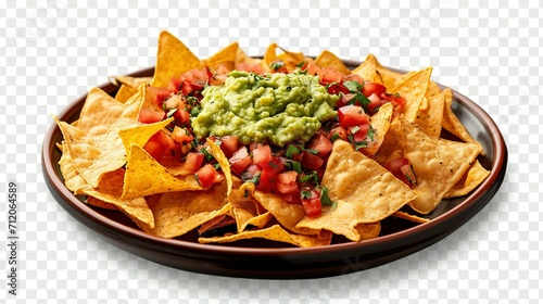 Plate of freshly made spicy nachos with guacamole isolated on transparent background photo