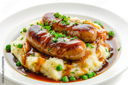gourmet sausage and mash, bangers and mash on white plate