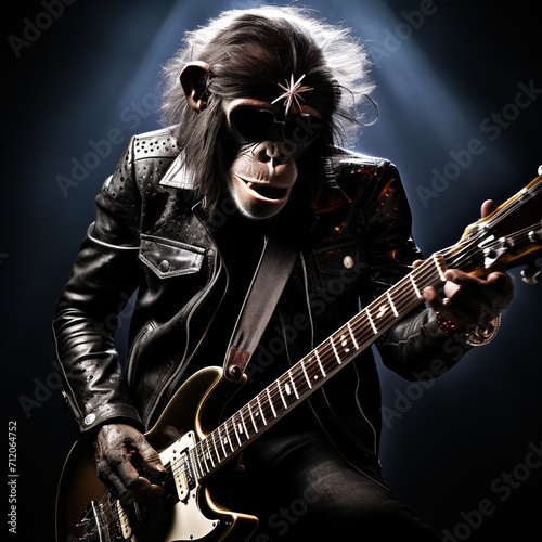 A chimpanzee as a rockstar electifying guitar