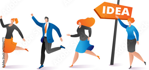 Group of diverse people chasing towards an idea signpost, all in business attire. Dynamic business team runs for innovation goal and motivation vector illustration.