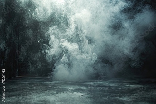 Abstract white smoke and fog on dark concrete background modern artistic concept with light and shadow creating mysterious smoky in empty room for futuristic studio designs and creative backdrops photo