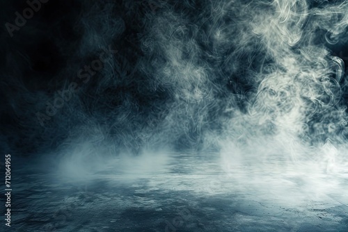 Abstract white smoke and fog on dark concrete background modern artistic concept with light and shadow creating mysterious smoky in empty room for futuristic studio designs and creative backdrops © Wuttichai