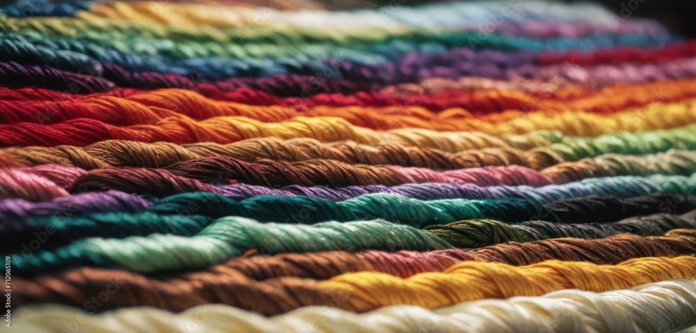  multicolored skeins of yarn are arranged in a rainbow - colored crochet pattern on a black surface in a close up close up view of the skeins of the skeins of the skeins of the skeins.