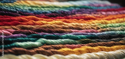  multicolored skeins of yarn are arranged in a rainbow - colored crochet pattern on a black surface in a close up close up view of the skeins of the skeins of the skeins of the skeins. © Jevjenijs