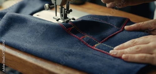  a person is using a sewing machine to sew a pair of jeans on a piece of blue cloth with a red stitch on the bottom of the sewing machine.