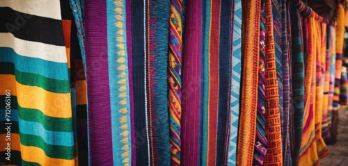  a row of colorful scarves hanging on a rack in front of a wall of other colorful scarves hanging on a rack in front of a store front of a store. © Jevjenijs