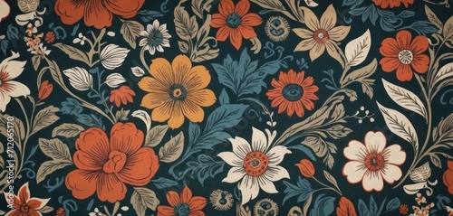  a close up of a flowery wallpaper with orange  yellow  and blue flowers on a dark blue background with leaves and flowers on the side of the wall.