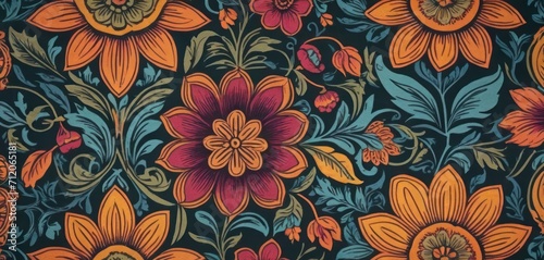  a close up of a pattern of flowers on a black background with red  orange  and yellow flowers on the bottom of the image and bottom half of the image.