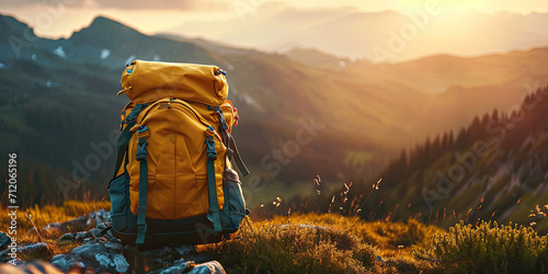 Touristic backpack on blurred astonishing wild landscape background at golden hour