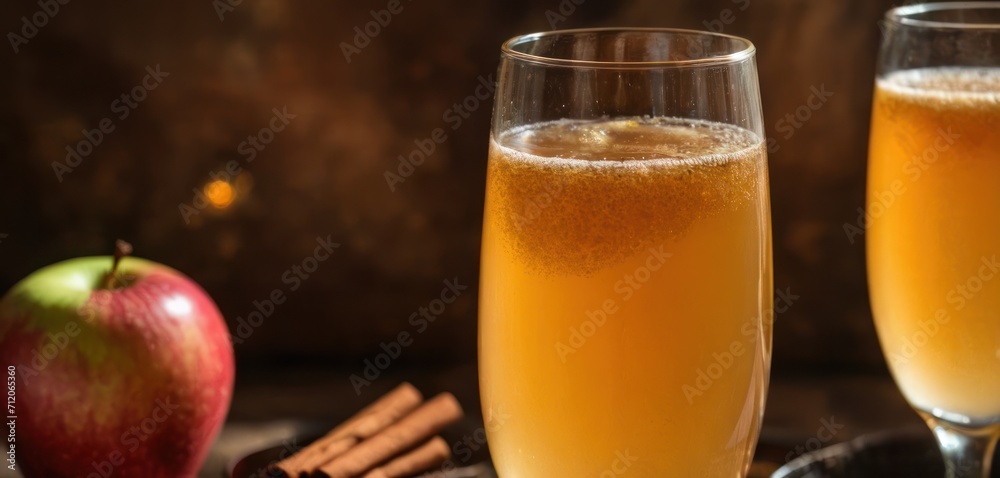 a glass of apple cider next to an apple and cinnamon stick on a plate with a cinnamon stick in front of the glass and an apple and cinnamon stick next to the glass. a glass of apple cider next to an apple and cinnamon stick on a plate with a cinnamon stick in front of the glass and an apple and cinnamon stick next to the glass.
