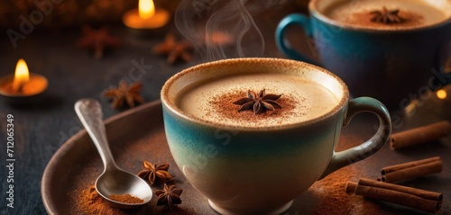  a cup of hot chocolate with cinnamon and star anise on a plate next to a spoon and a cup of hot chocolate with cinnamon and star anise on a plate.