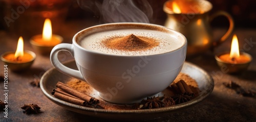  a cup of hot chocolate on a saucer with cinnamons around it and a lit candle in the background with smoke coming out of the top of the cup.