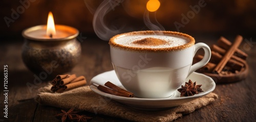  a cup of hot chocolate on a saucer with cinnamon sticks and anisette on a saucer next to a lit candle and cinnamon sticks on a wooden table.