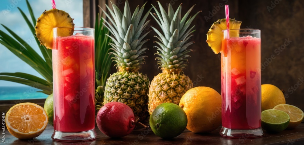 a table topped with a tall glass filled with fruit next to two tall glasses filled with juice and a pineapple on top of a table next to a pineapple. a table topped with a tall glass filled with fruit next to two tall glasses filled with juice and a pineapple on top of a table next to a pineapple.