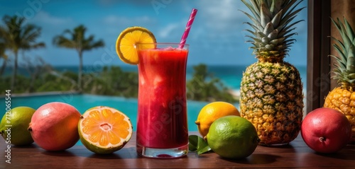  a glass of fruit juice next to a pineapple, orange, lemon, and a pineapple on a table with a view of a pool and palm trees.