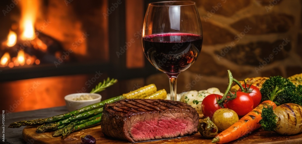  a steak, vegetables, and a glass of wine sit on a wooden cutting board in front of a fireplace with a lit fire place in the fireplace in the background.