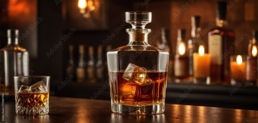  a bottle of whiskey sitting on top of a table next to a glass filled with ice cubes and a bottle of whiskey on top of a table with candles in the background.