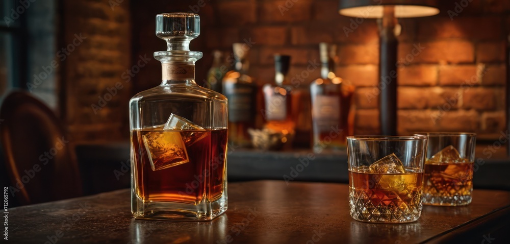  a bottle of whiskey sitting on top of a wooden table next to two glasses filled with ice and a bottle of whiskey in front of a brick wall behind it.