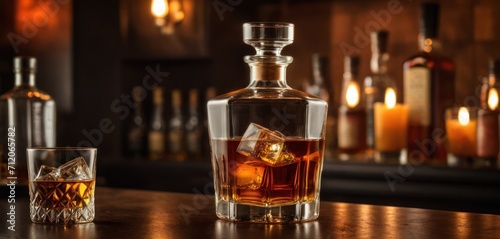 a bottle of whiskey sitting on top of a table next to a glass filled with ice cubes and a bottle of whiskey on top of a table with candles in the background.
