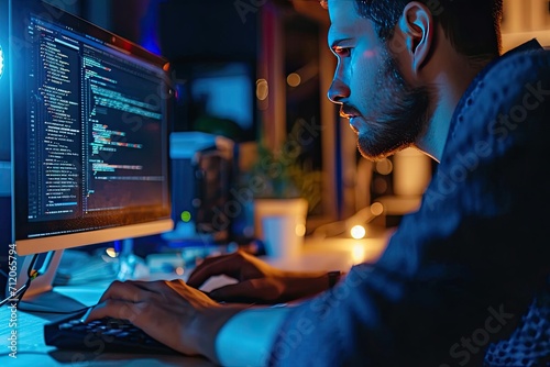 A guy programmer sitting in front of his computer in a dark room coding a new development working until late