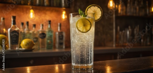  a tall glass with a lemon and mint garnish sits on a bar with liquor bottles and a tray of lemons on the side of the bar counter. photo