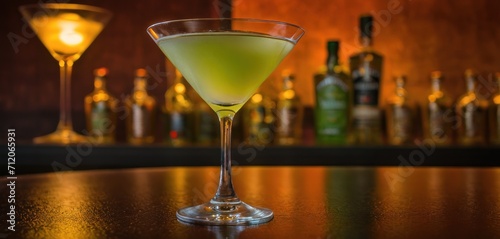  a green drink sitting on top of a table next to a bottle of alcohol and a glass with a yellow liquid in front of a row of bottles behind it.