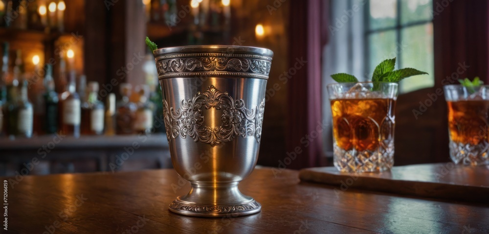  a silver cup sitting on top of a wooden table next to a glass filled with a green leafy drink on top of a wooden table next to a bar.