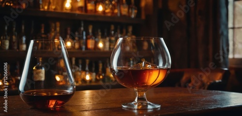  two glasses of alcohol sit on a table in front of a shelf full of liquor bottles and a person sitting at a table with a glass of wine in front of them.