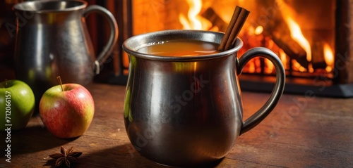  a cup of apple cider next to two apples and a cinnamon stick in front of an open fire place with a fire in the fireplace in the back ground.