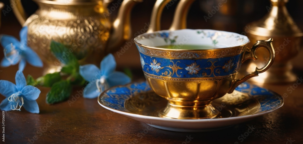  a blue and gold tea cup and saucer on a brown table with blue flowers and gold teapots on the other side of the tea cup and saucer.