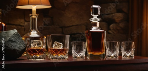  a bottle of whiskey sitting on top of a wooden table next to glasses and a bottle of whiskey on top of a table next to a rock and a lamp.