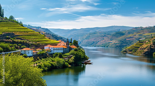 ポルトガルのワイン産地、ドウロ渓谷を流れる美しいドウロ川GenerativeAI
