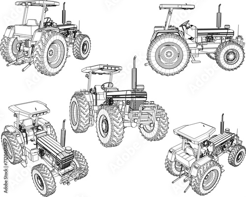 Vector sketch illustration of the design of a heavy equipment tractor vehicle for cultivating agricultural land