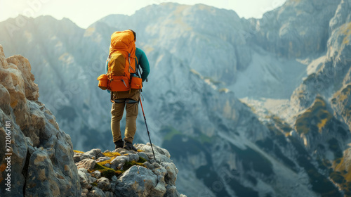 Mountain climbers tourists Backpack placed. Stand high rocks. Sport and active life concept